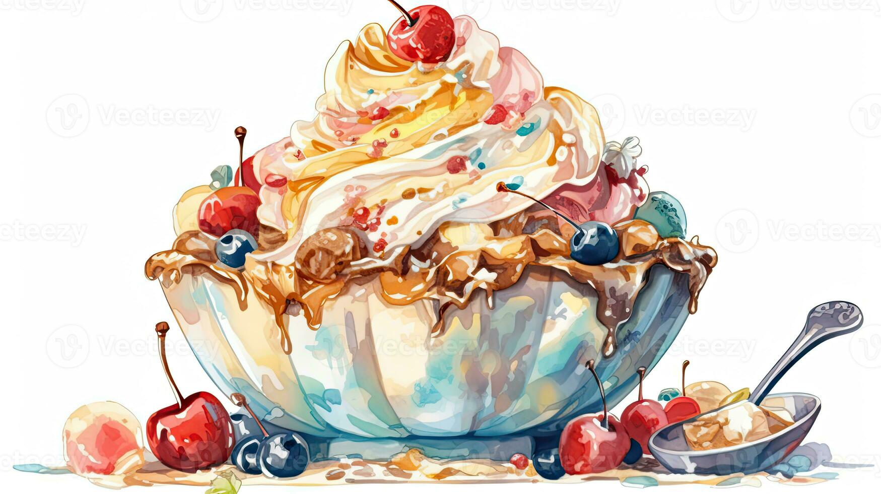Watercolor Image of Berries Garnish Ice Cream Serving Bowl with Spoon. photo