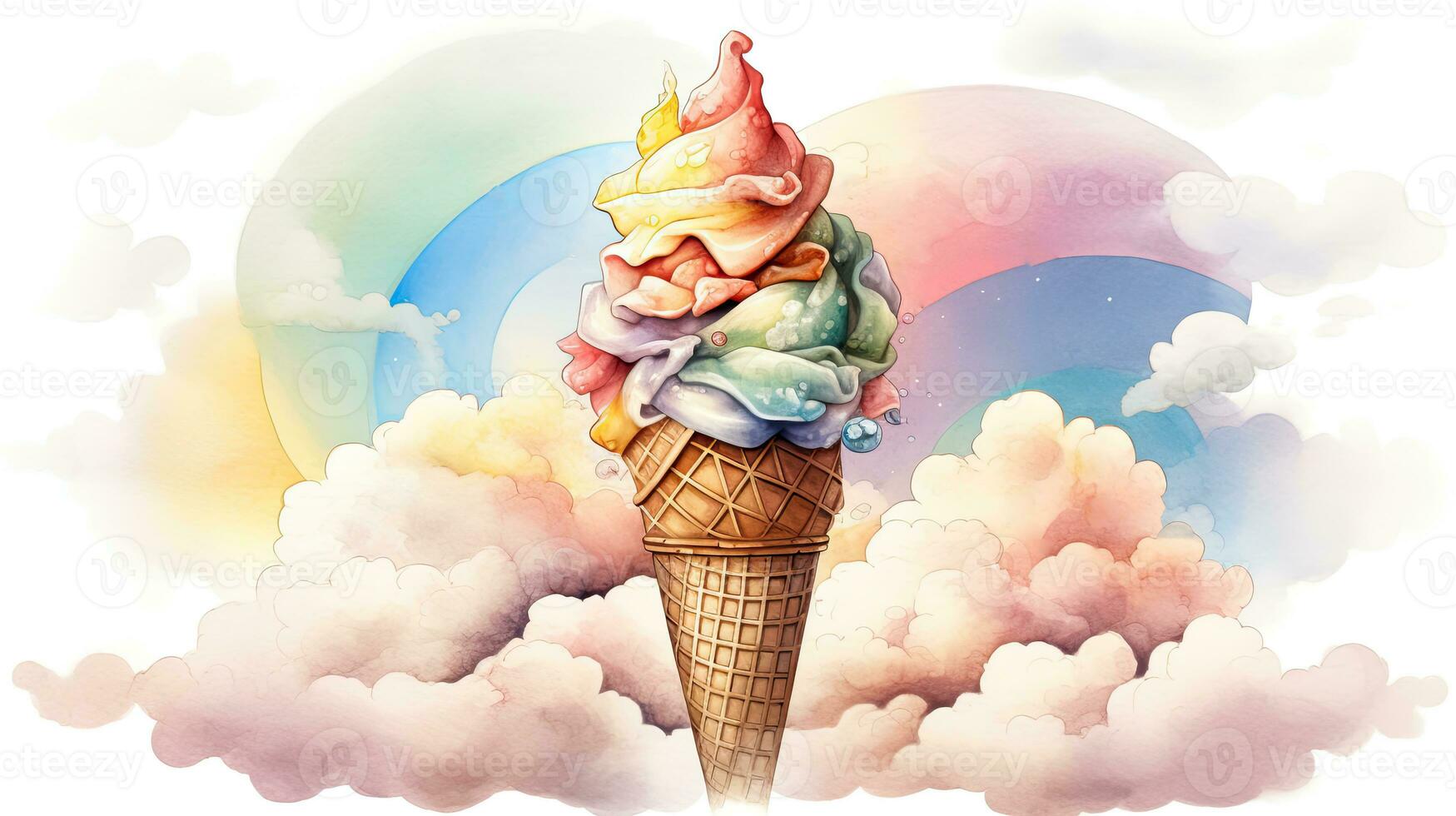 Watercolor Image of Stack Various Color Ice Cream Scoop Full Wafer Cone. photo