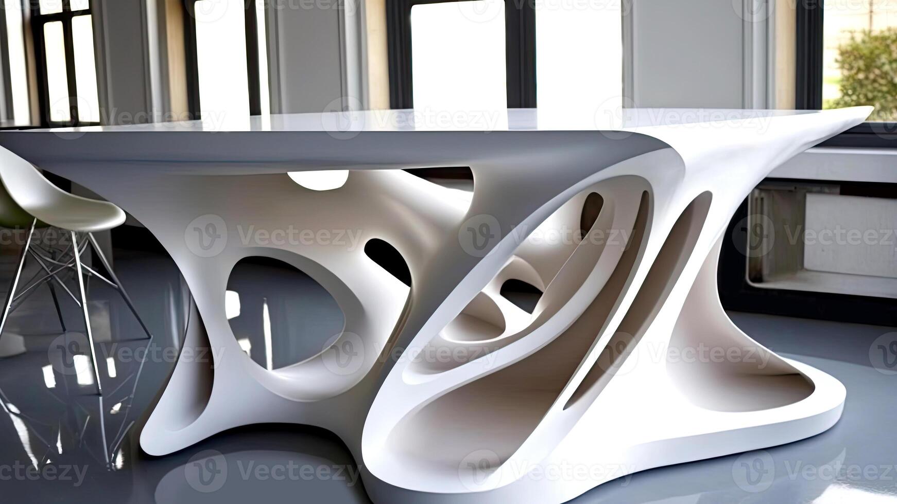 Modern Design Luxury White Table and Chair in Interior Design Surrounded by Glass Windows. Technology. photo