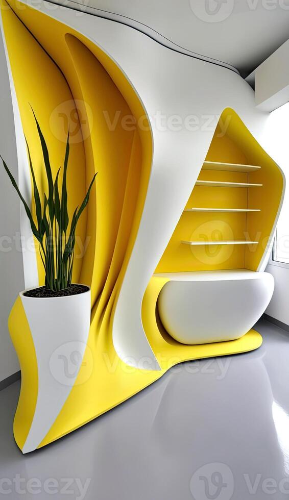 Yellow and White Color Modern Design Architecture Interior with Large Planter and Shelves. Architectural Photography. Generative AI Technology. photo