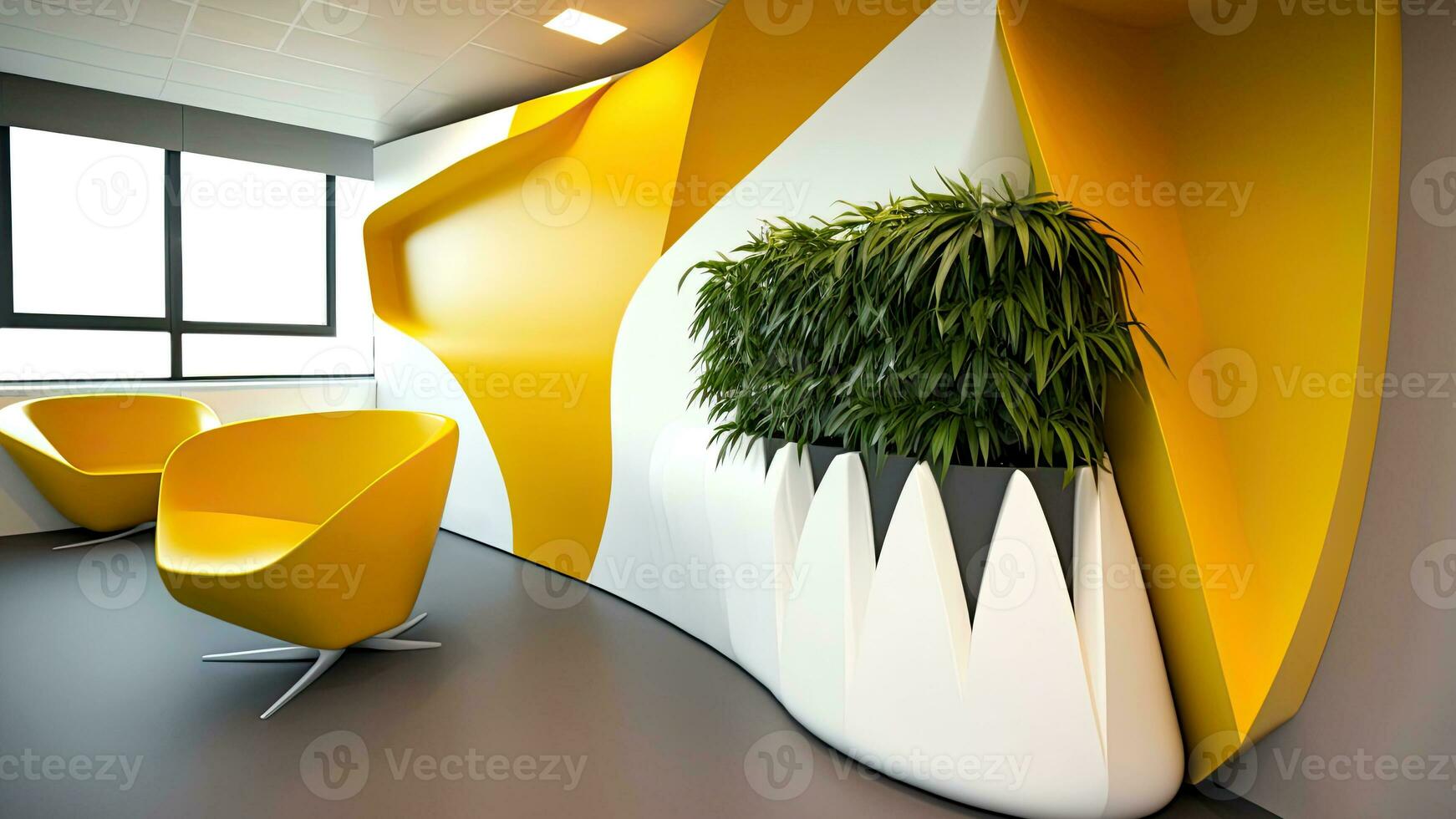 Modern Interior Design with Armchairs and Large Planter, Yellow and White Color Scheme. Generative AI Technology. photo