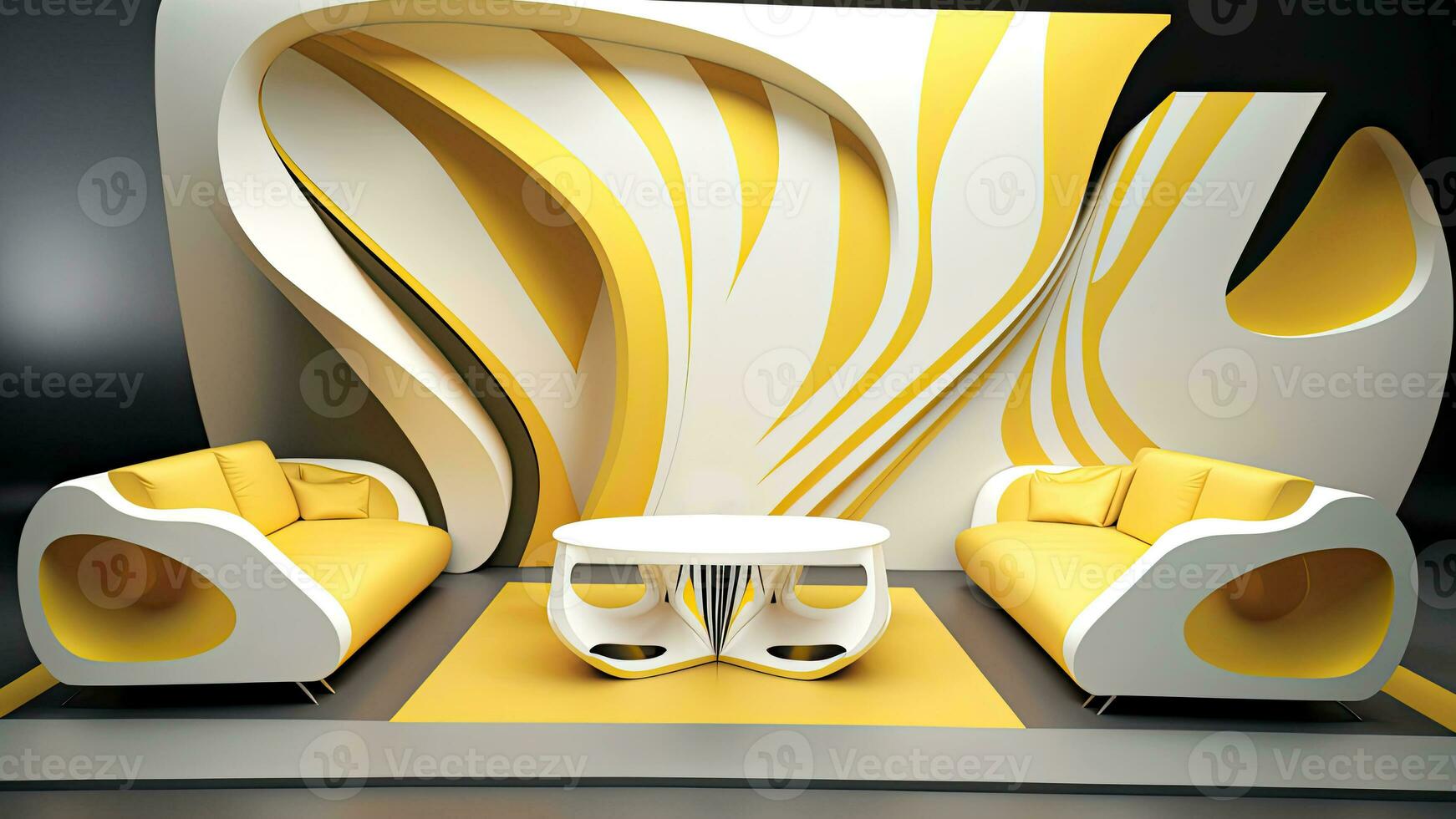 Ultra Modern Living Room with Sofas Facing Each Other, Round Table and 3D Abstract Design on the Wall. Generative AI Technology. photo