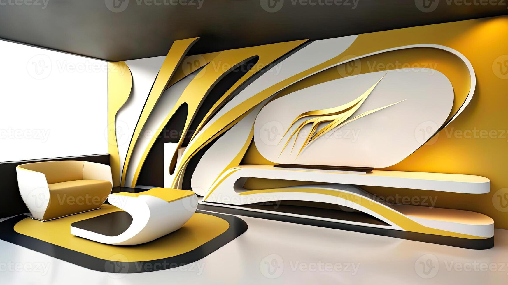 Modern Interior Design Concept of Futuristic Architectural with Armchair, Table in Yellow and White Color. Technology. photo