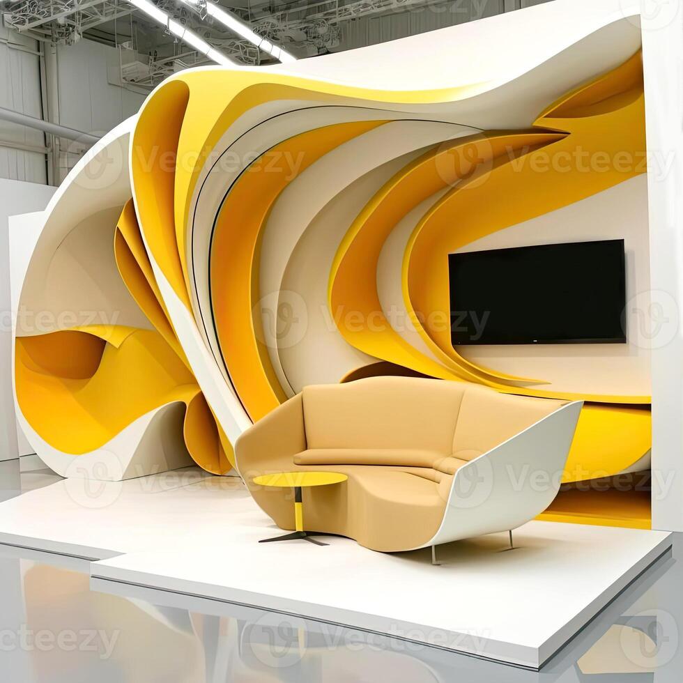 Futuristic Architectural Interior Design with a Wall Mounted TV Screen, Round Table and Sofa. Backdrop for Video or Photo Production. Generative AI Technology.