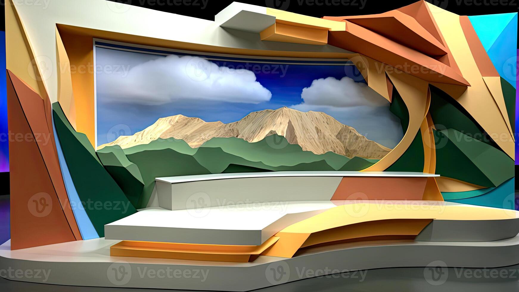3D Colorful Diorama Mountain Landscape Intricate Design on Wall, Architectural Photography. Technology. photo