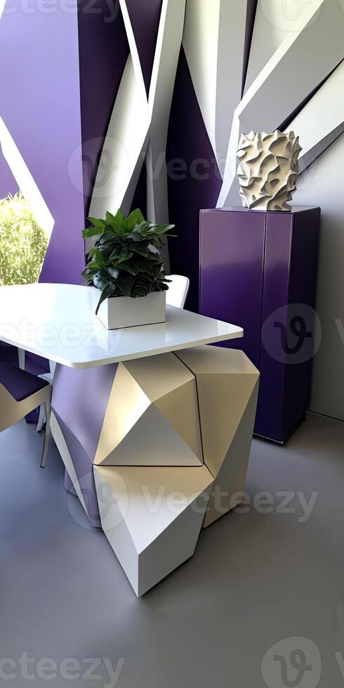 Cropped Image of Modern Architecture Interior Design with Dining Table Set, Plant Pot and Decorative Objects, Architectural Photography. Technology. photo