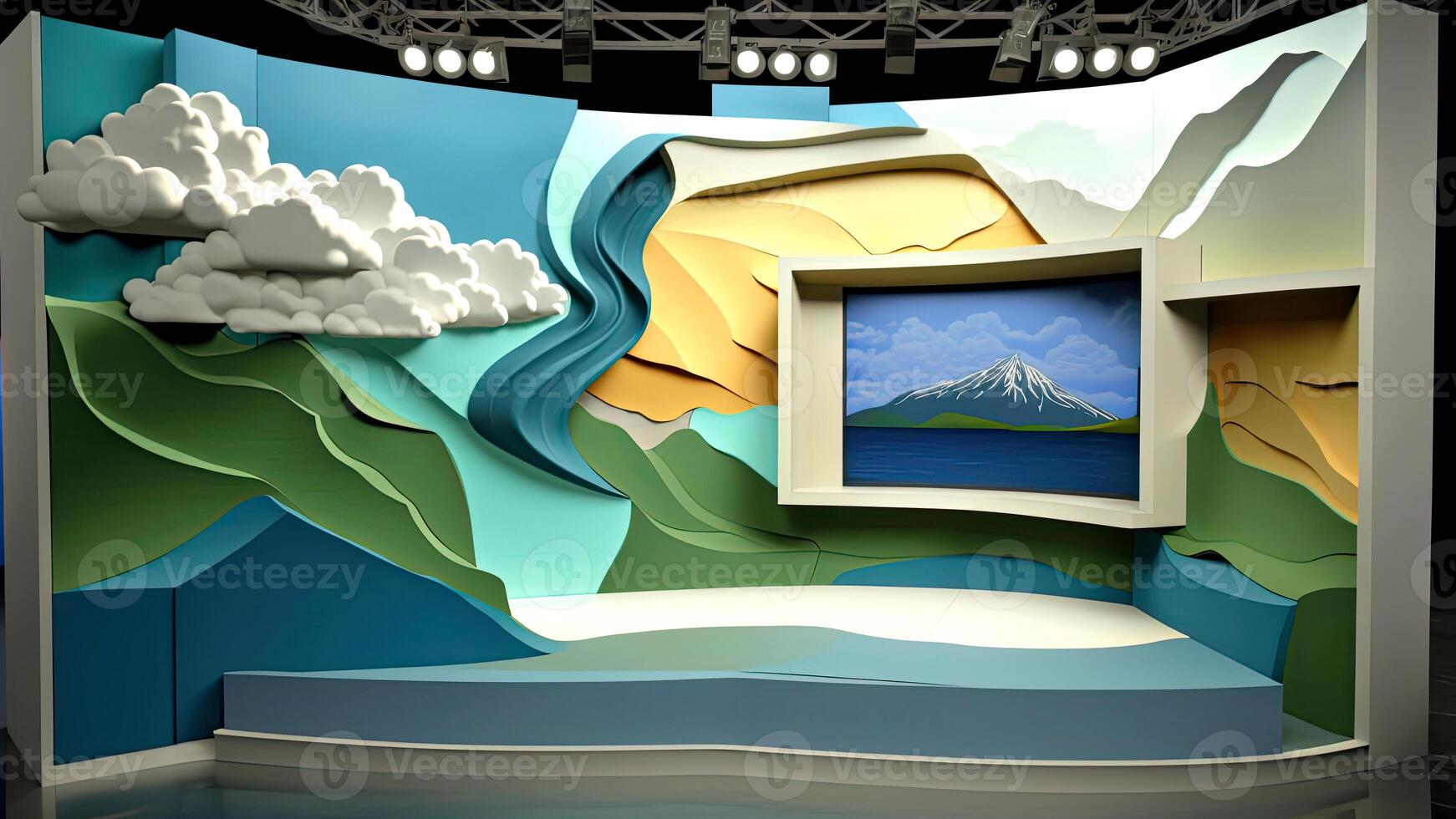 3D Origami Colorful Cloud Landscape Wallpaper and  Wall Mounted TV Screen of Mountain View in Interior Architectural Design. Generative AI Technology. photo