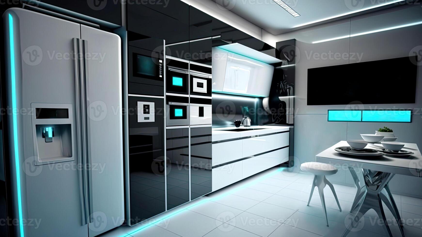 Modern Futuristic Kitchen Interior with Smart Appliances, Wall Maunted Digital Display Screen, Concept of Smart Home and Artificial Intelligence. Technology. photo