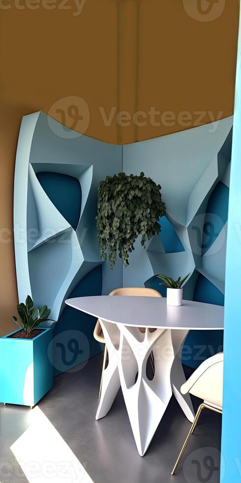 Closeup View of Modern Design Architecture Interior with Dining Table Set and Plant Pots. Architectural Photography. Technology. photo