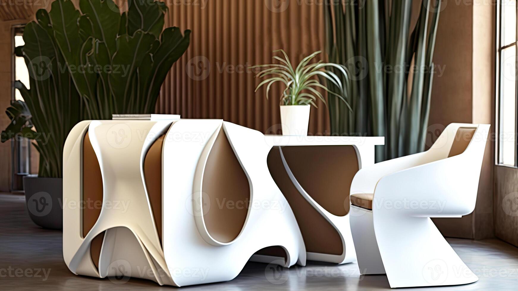 Ultra Modern Interior Room Design with Futuristic Chair, Table, Plant Pots and Wall Panelling. Technology. photo