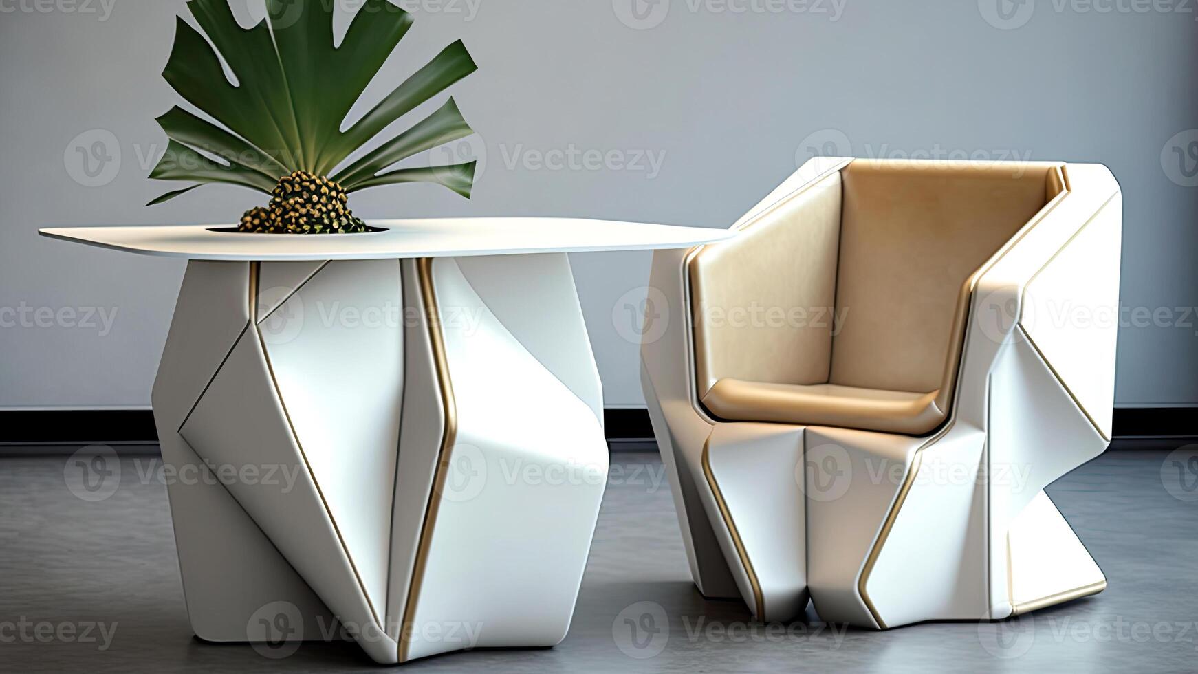 Futuristic Ultra Modern Armchair and Plant on a Table in Interior Design. Technology. photo