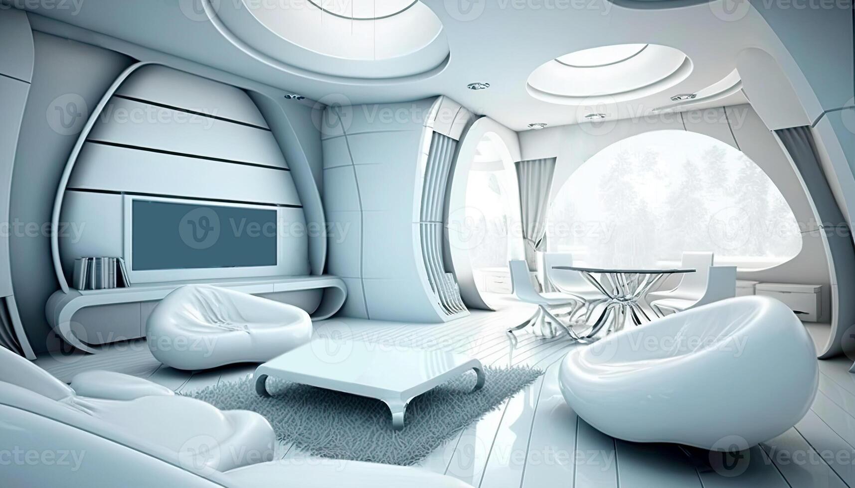 Futuristic Living Room Modern Interior in a Sci-fi Design, Wall Mounted Large Flat TV Screen and Featuring Furniture. Technology. photo