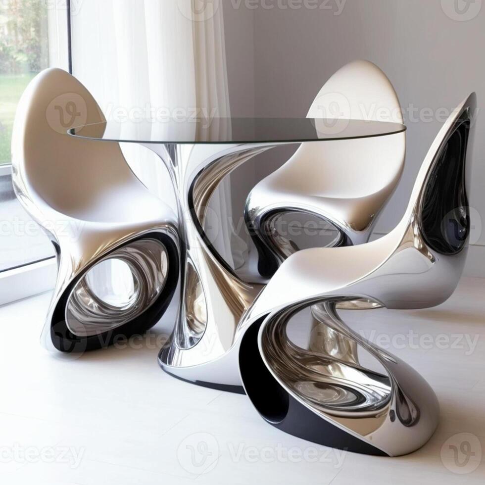 Ultra Modern Futuristic Dining Table Setup of Three Chairs and a Table in Interior Design. Technology. photo