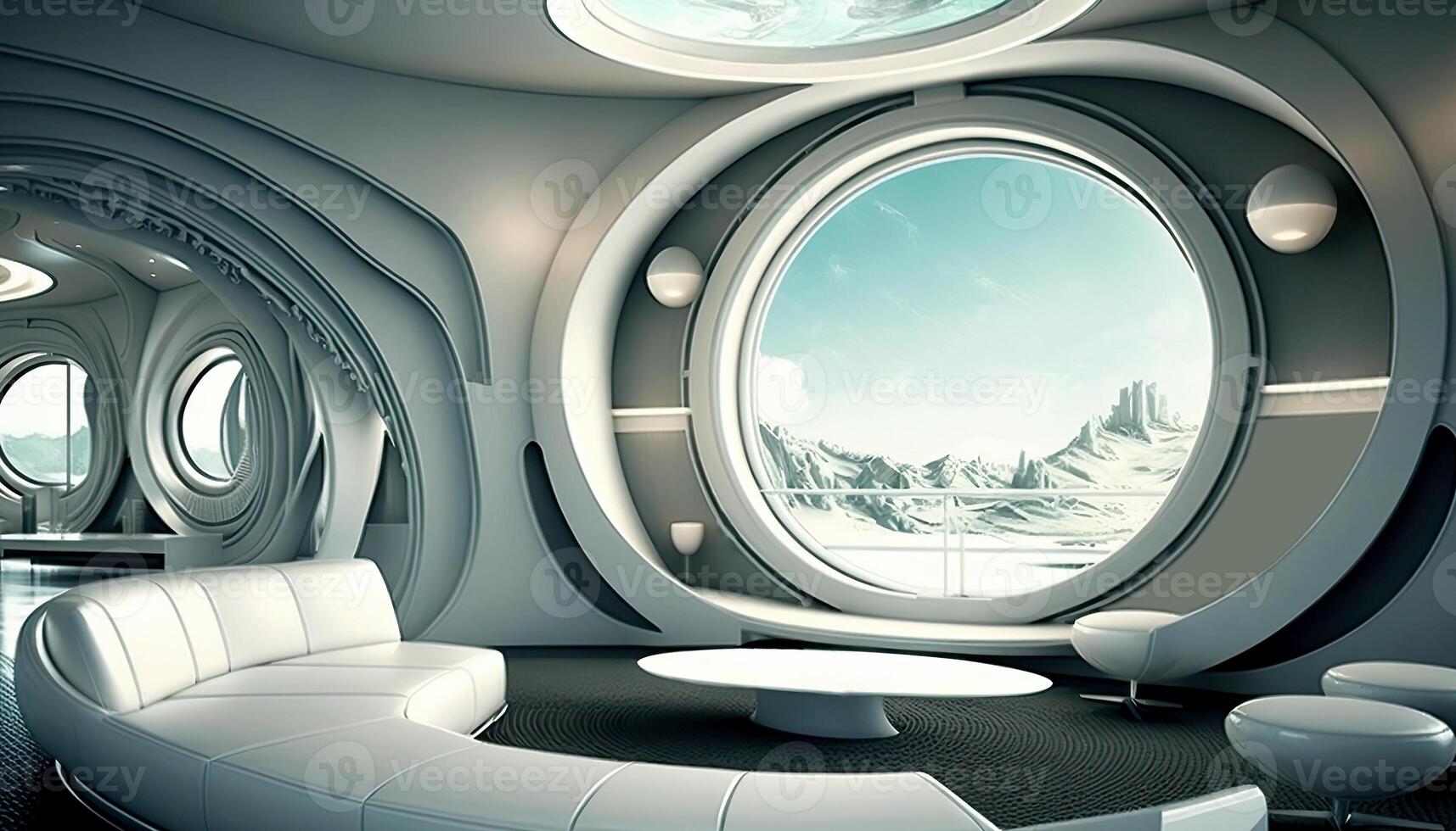 Luxurious Living Room of Futuristic Space Ship with Glass Windows Offering a Stunning View of Snowy Mountain Landscape and Featuring Furniture. . photo