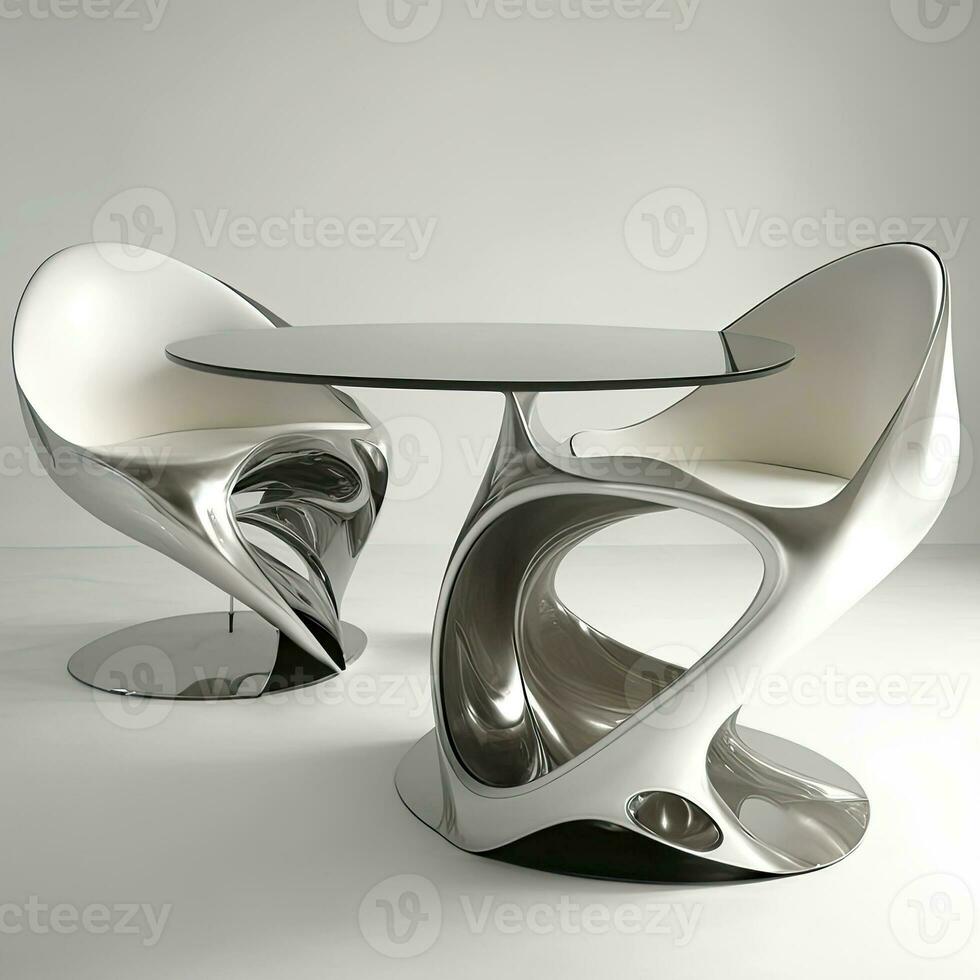 Ultra Modern Furniture of Futuristic Armchairs with a Glass Table in White and Silver Color. Generative AI Technology. photo