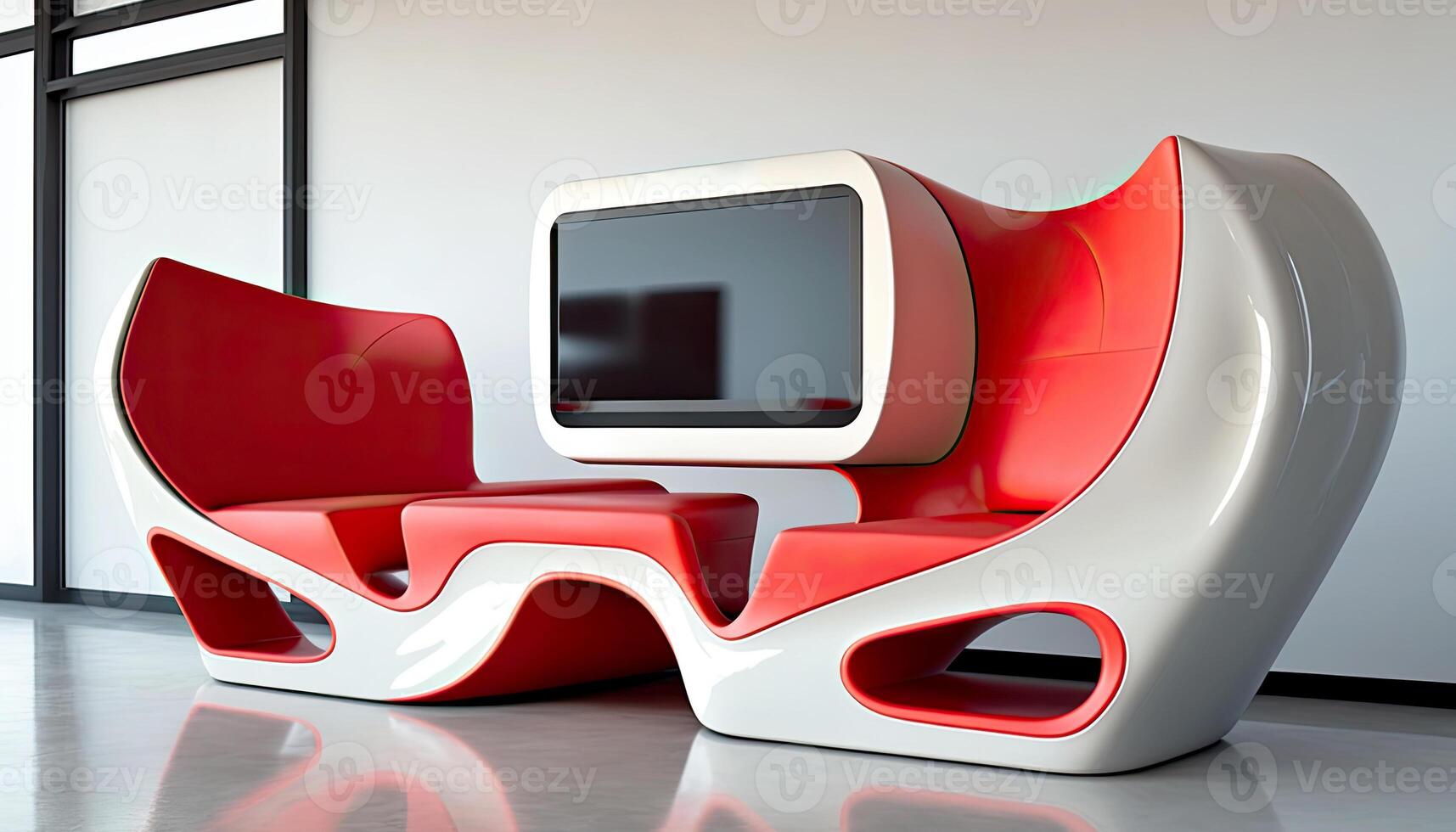 Futuristic Digital Kiosk with Modern Chairs in Interior Design. Generative AI Technology. photo