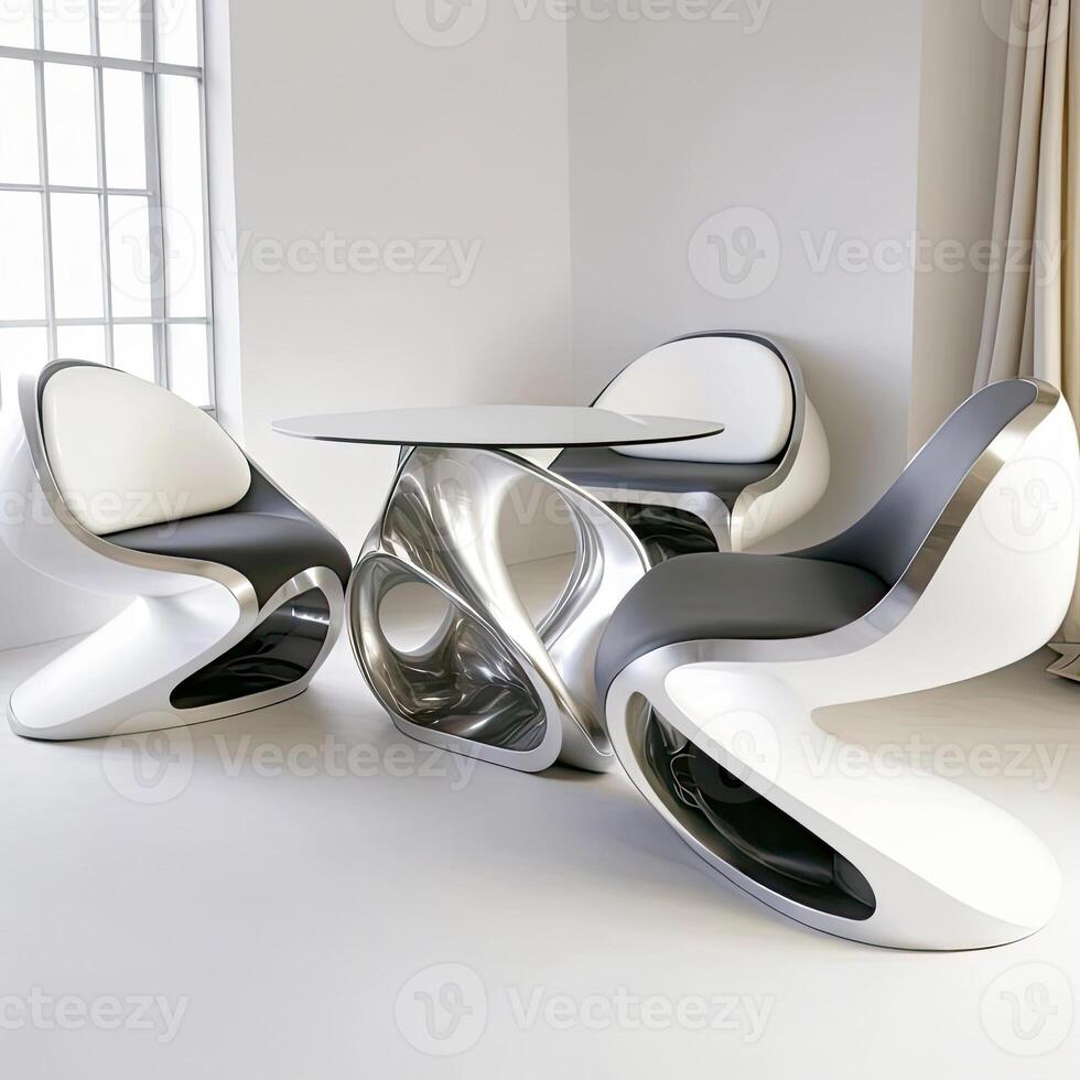 Ultra Modern Futuristic Dining Table Setup of Three Chairs and a Table in Interior Design. Technology. photo