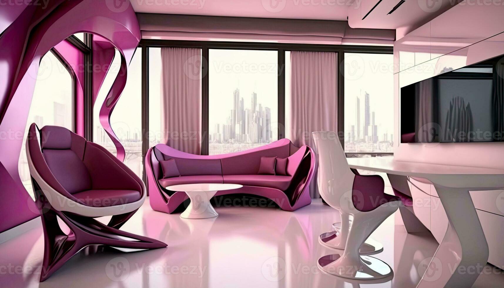Ultra Modern Living Room Interior with Wraparound Glass Window Overlooking the City, Wall Mounted Digital Display and Futuristic Furniture. Generative AI Technology. photo