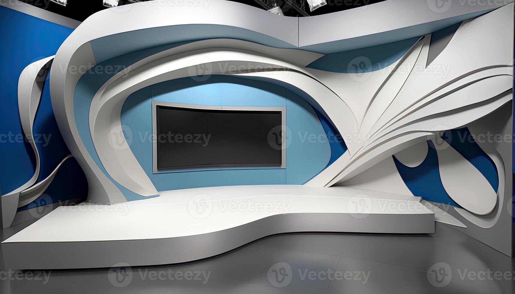 Ultra Modern and Futuristic Interior Design of News Studio or Room with Wall Mounted Flat TV Screen. Backdrop for or Photo Production. Technology.