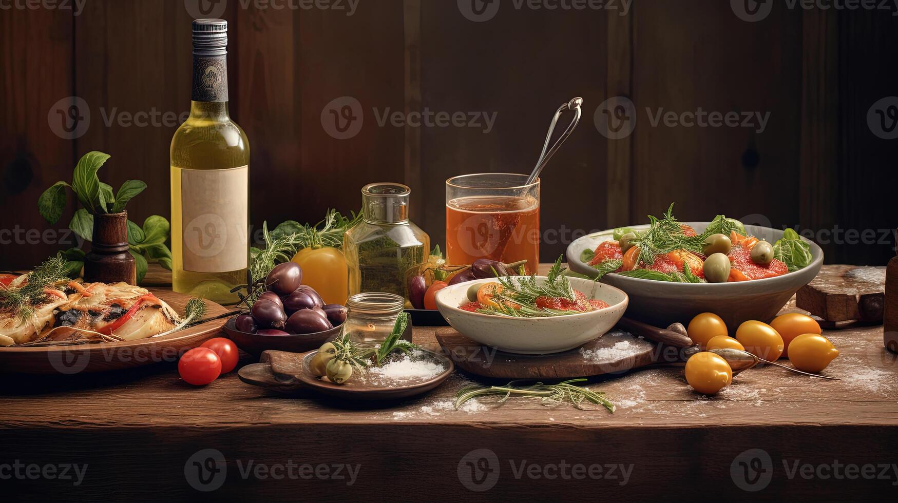 Banquet Set of Delicious Mediterranean Food with Drinks for Celebration. . photo