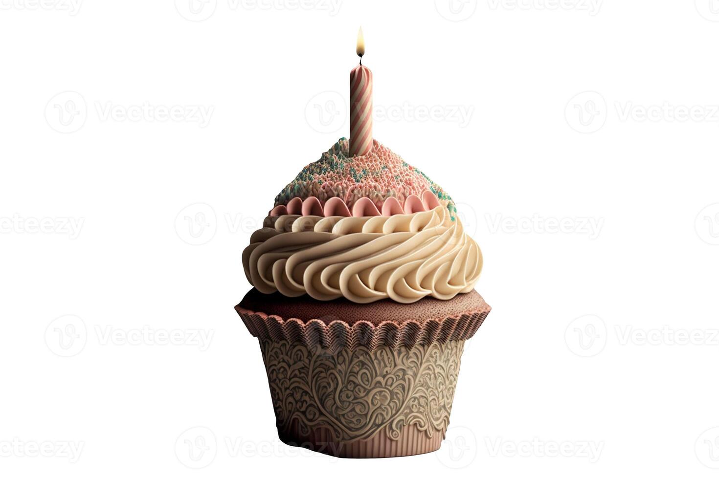 Multicolored Cupcake Topped with a Lit Candle, Birthday Celebration. . photo