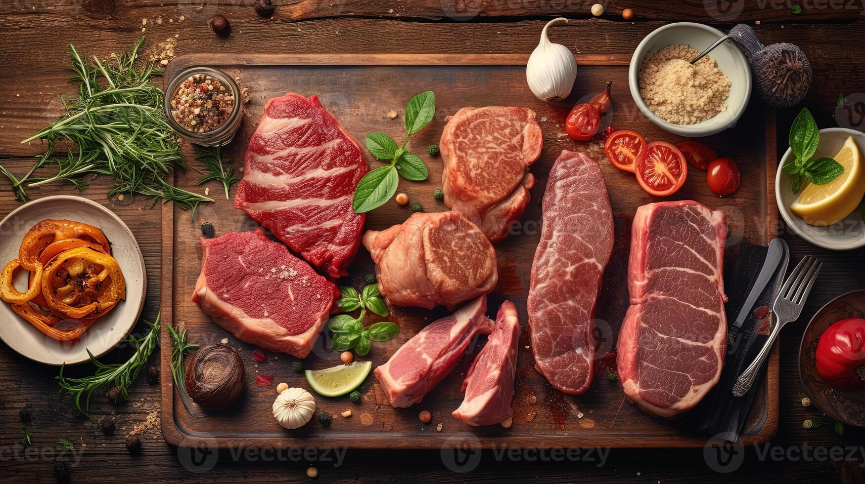 Top View of Smoked Meat Slice with Salad and Fork Spoon on Wooden Platter for Ready To Eat Non veg Food Closeup Image. photo