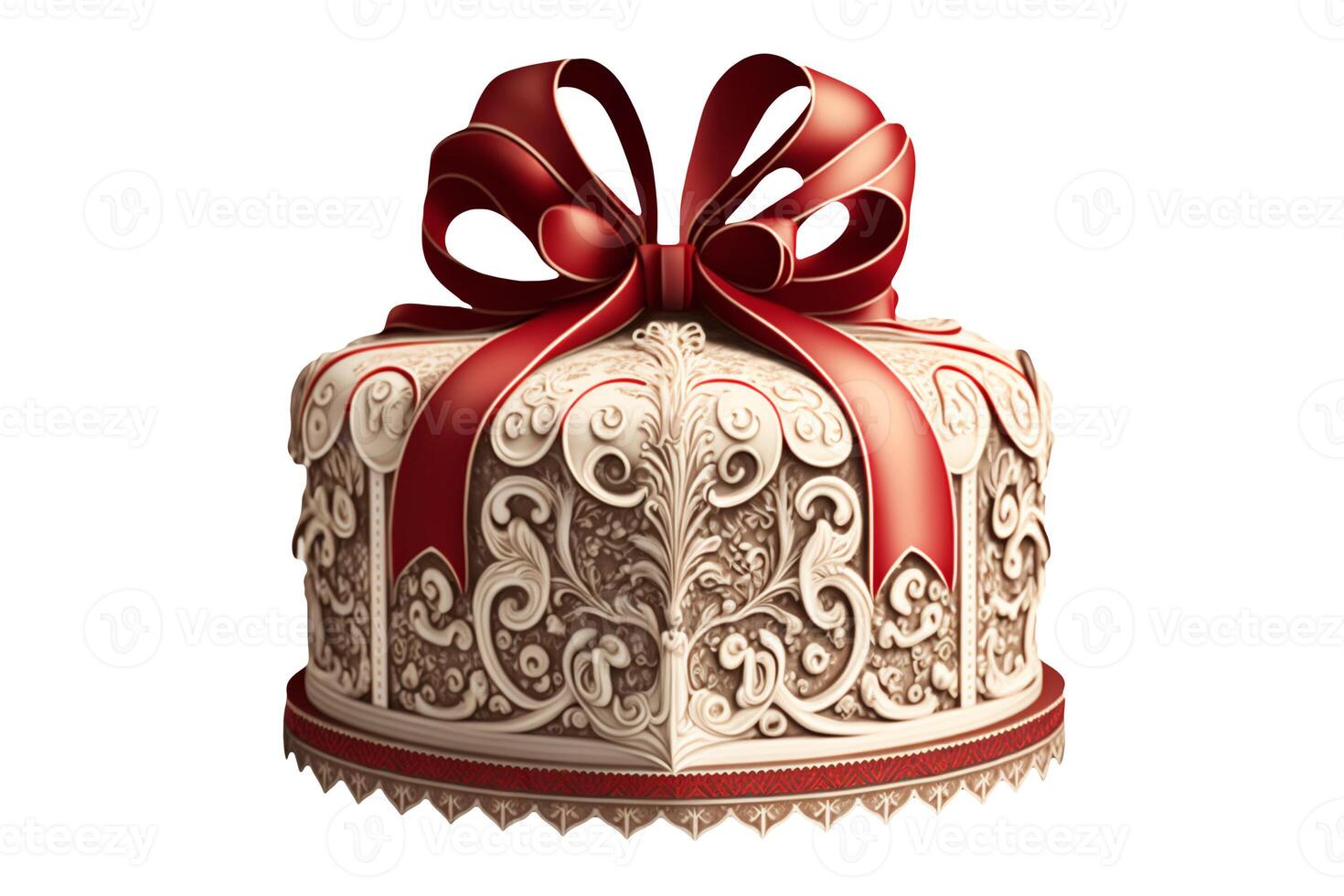 Filigree Piping Cake Topped with Red Loop Bow for Any Celebration. . photo