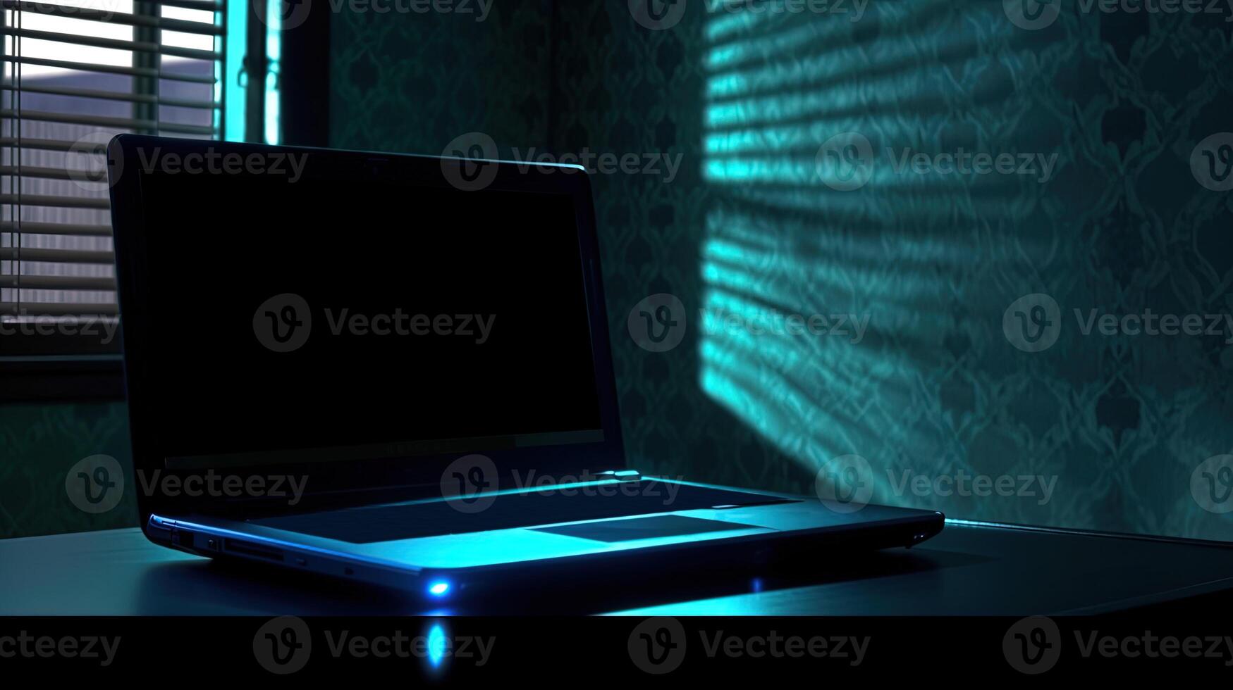Luminous Notebook Computer or Laptop with Default Desktop in Dark Room. Technology. photo