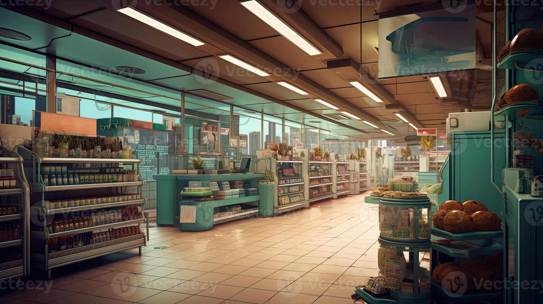 Interior Image of Underpinning Food Store or Grocery Sale Department Shop. Digital Illustration. photo