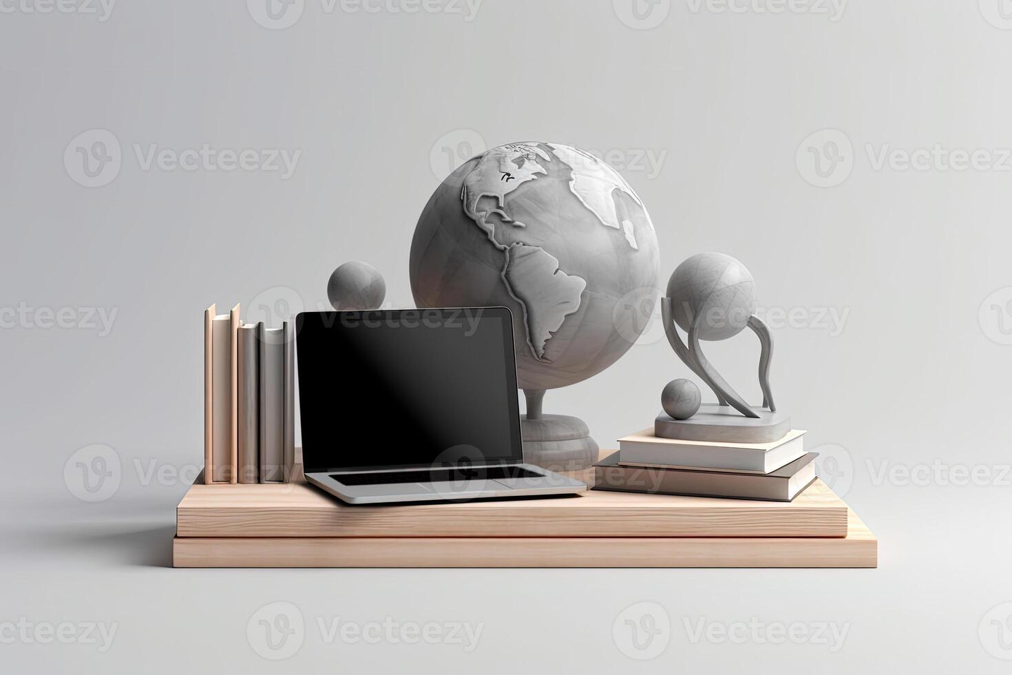 Globalization business or Education Concept with Globe and Laptop on Books Pile in Grey Background. . photo