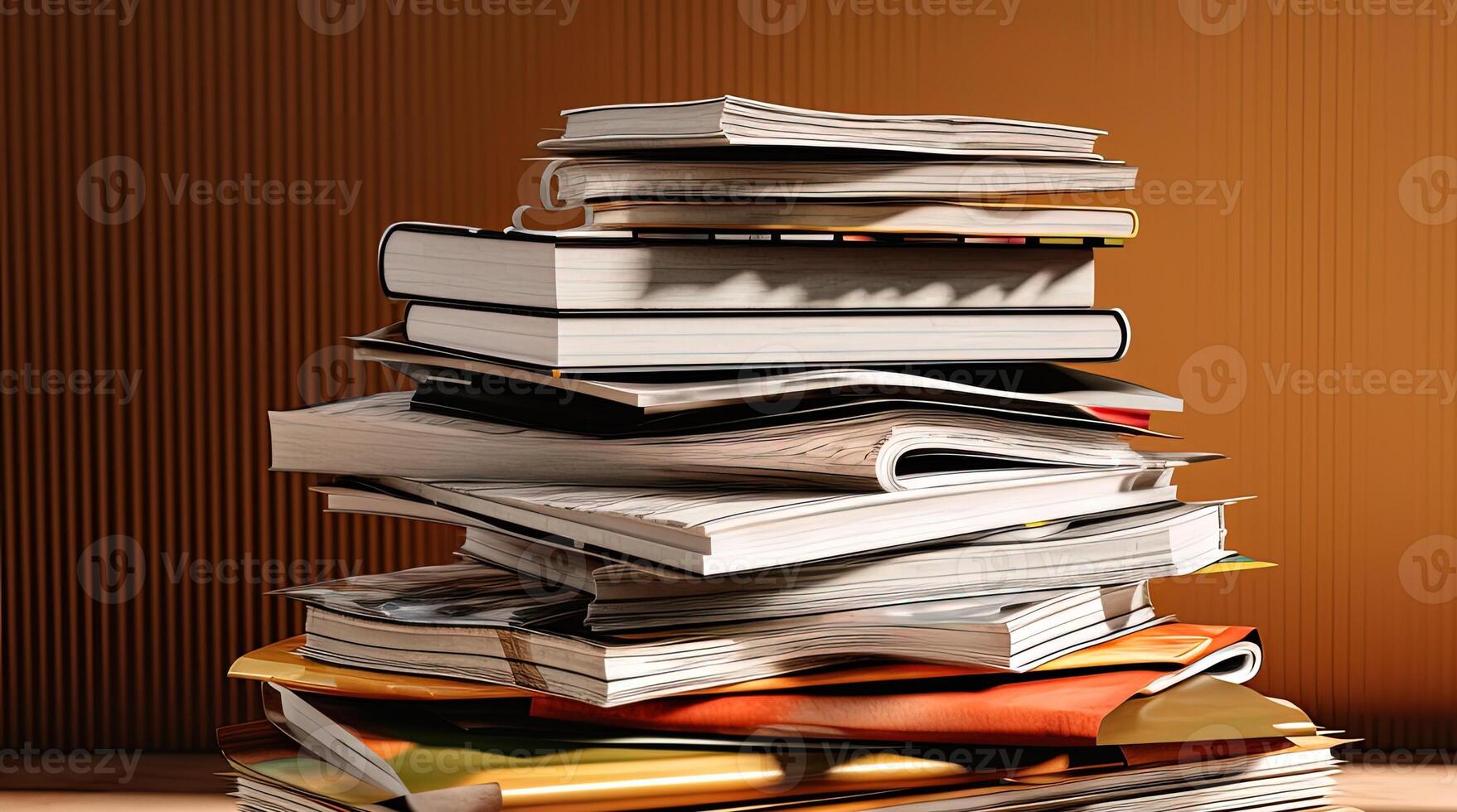 Stack of Books and Paperwork or Unfinished Documents in Brown Striped Background. . photo