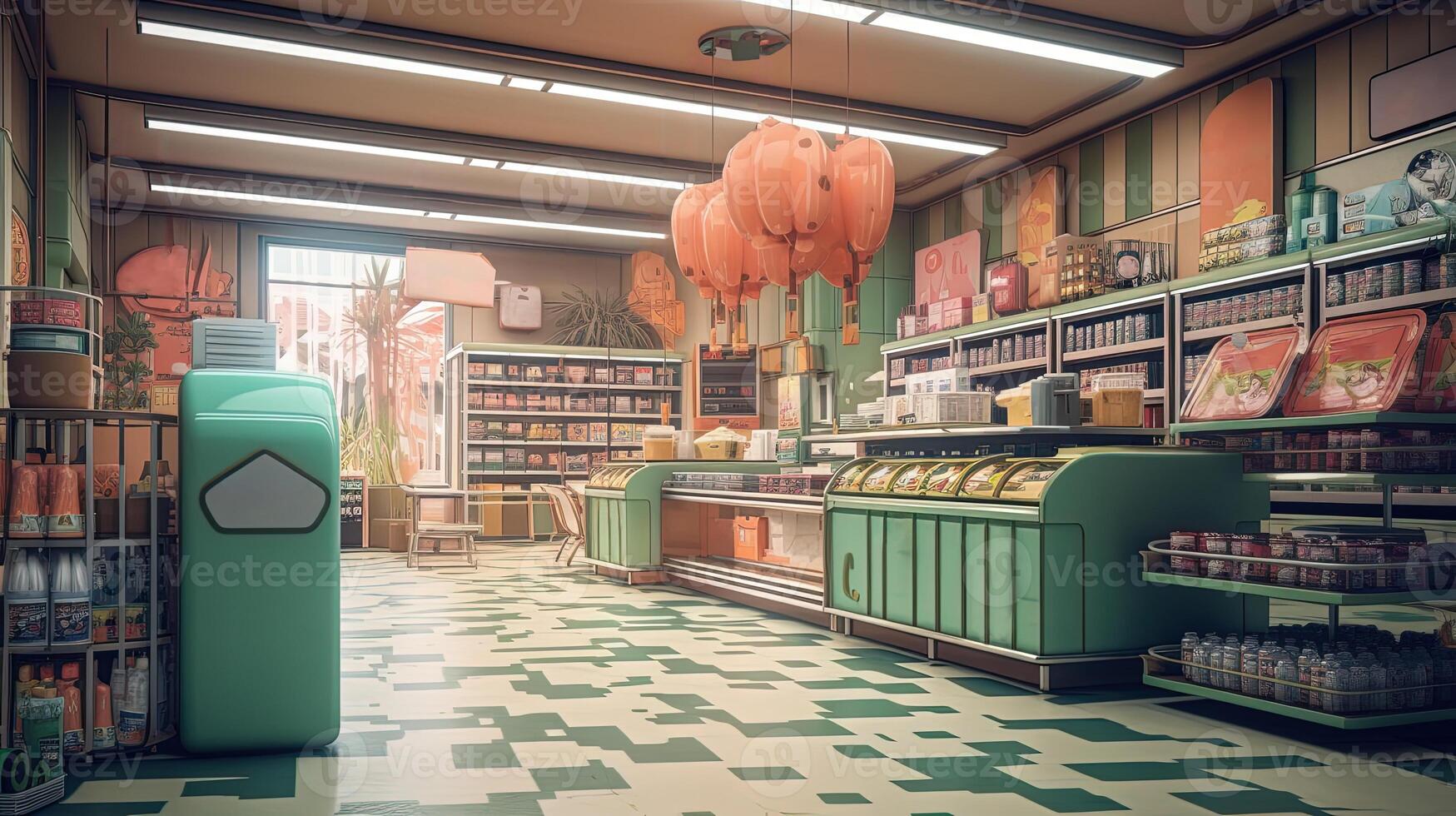 Interior Image of Underpinning Food Store or Grocery Sale Department Shop. Digital Illustration. photo