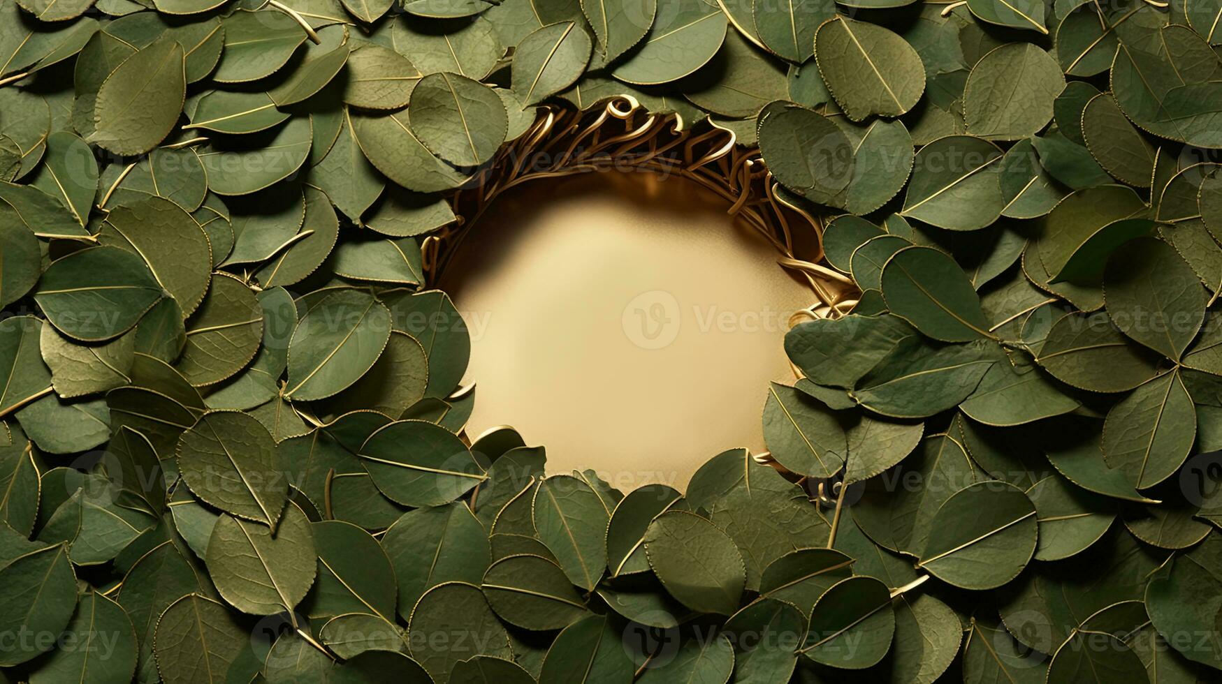 Tropical Green and Red Leaves Tree Branch with Circle Golden Frame for Backdrop. Creative Jungle or Forest Nature Background. photo