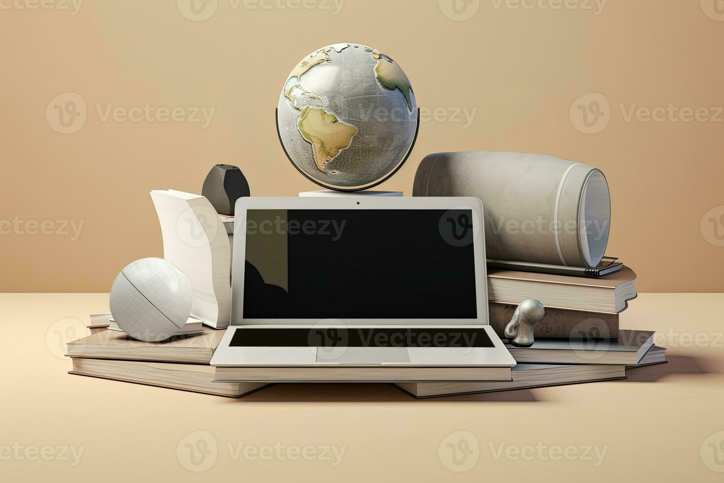 globalización negocio o educación concepto con globo y ordenador portátil en libros pila en ligero marrón antecedentes. generativo ai. foto