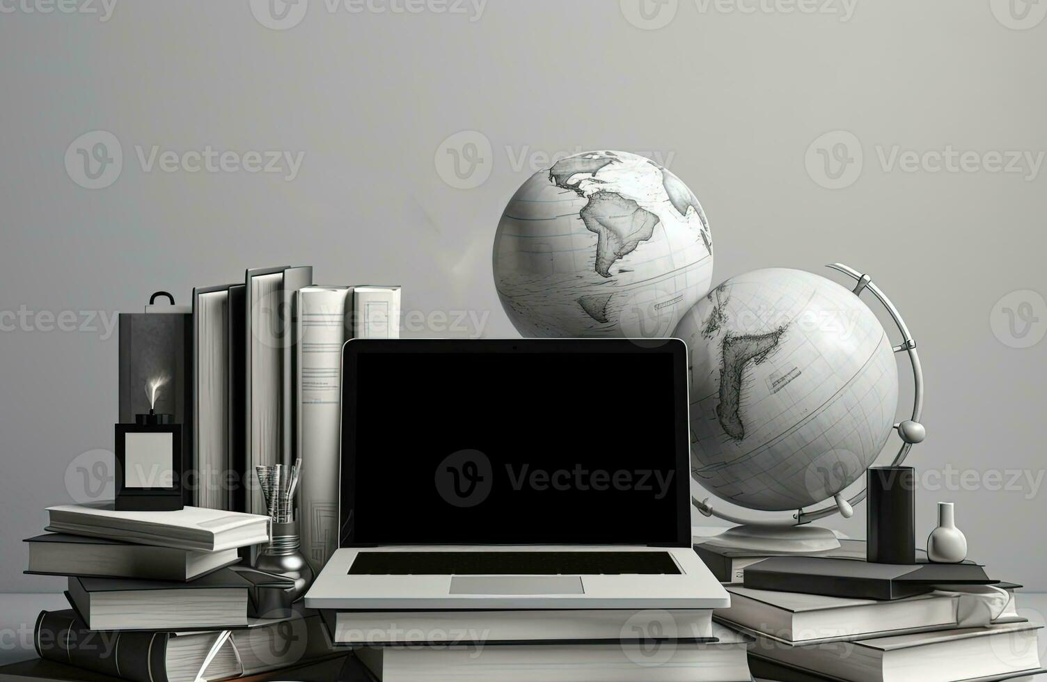 Globalization business or Education Concept with Globe and Laptop on Books Pile in Grey Background. Generative AI. photo