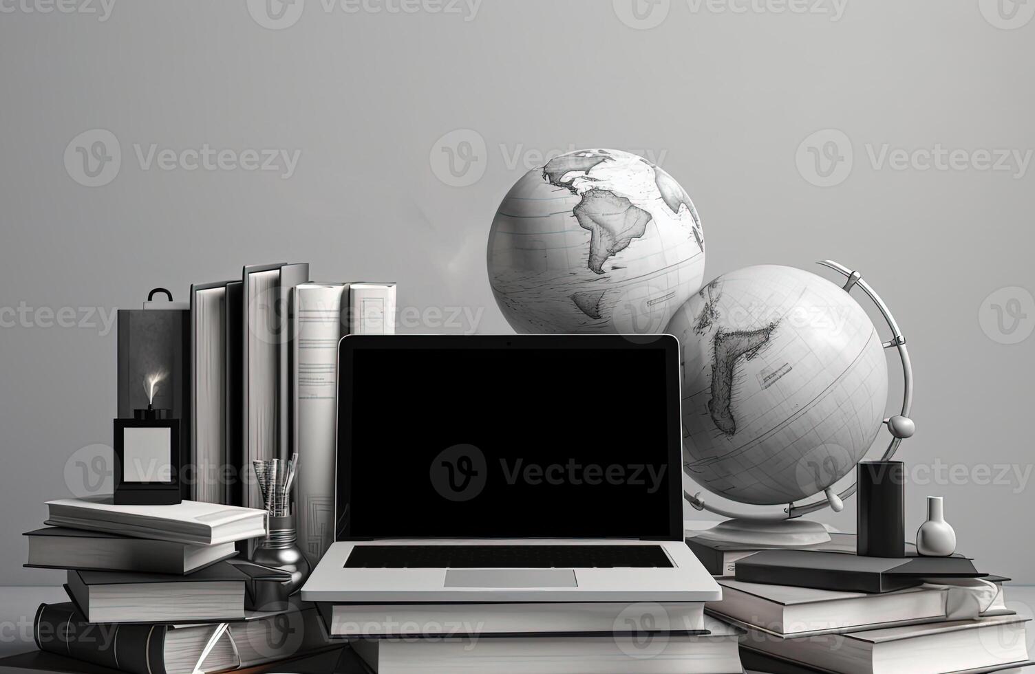 Globalization business or Education Concept with Globe and Laptop on Books Pile in Grey Background. . photo