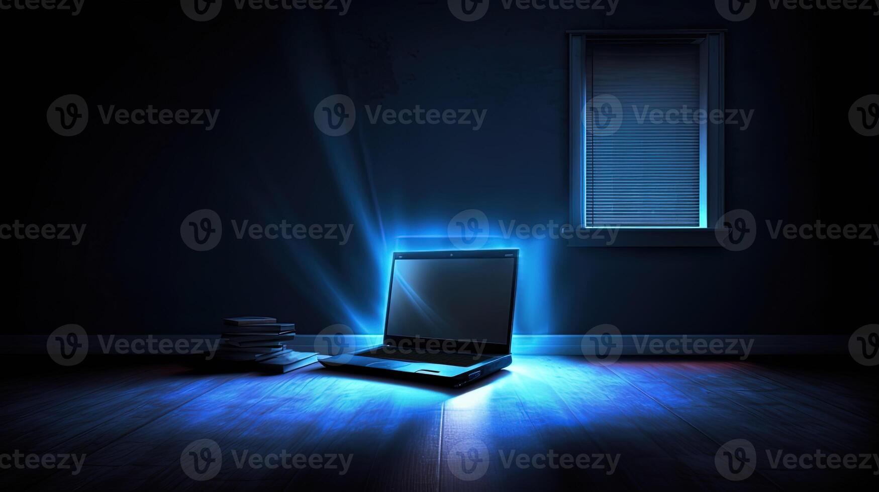 Luminous Connectivity Abstract Screen Notebook Computer Mockup in Dark Room. Technology. photo