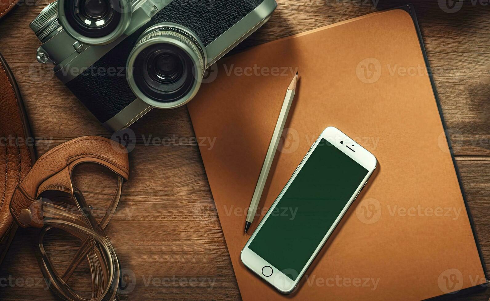 clásico cámara, teléfono inteligente, con marrón archivo y bolígrafo de madera mesa parte superior vista. generativo ai. foto