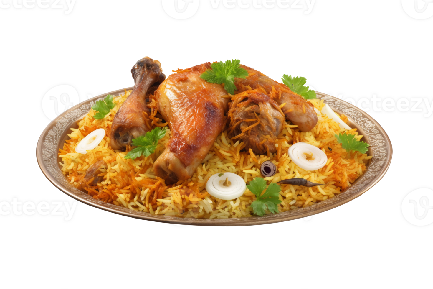 Fried Chicken biryani with  Drumstics on Savana Plate png