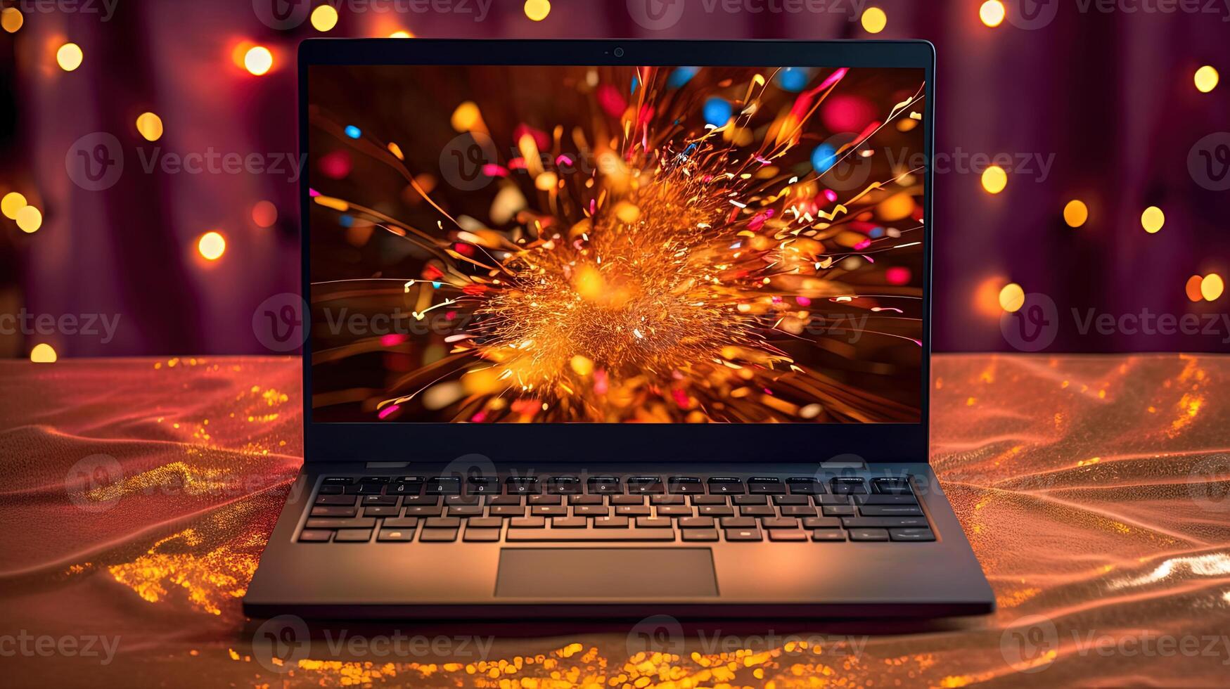 Stunning Photo of Explosion Firework in Laptop or Notebook Computer Screen with Glittering Crumpled Fabric Decorated Lighting Background. Technology.