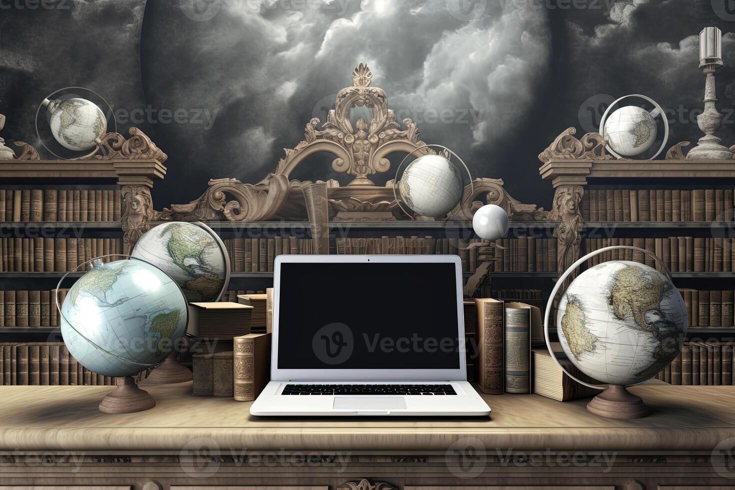 Vintage office or Study Room Interior Design of A Grey Laptop with Globe Stands Against Books Alirag In Moon Space Background. . photo