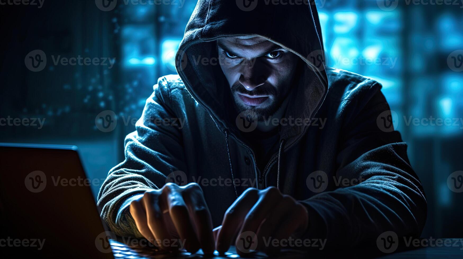 Closeup Portrait of Serious Man Wearing Hoodie Jacket and Using Laptop in Dark Blue Lighting Room. Concept of Hacker or Cyber Security Concept. photo