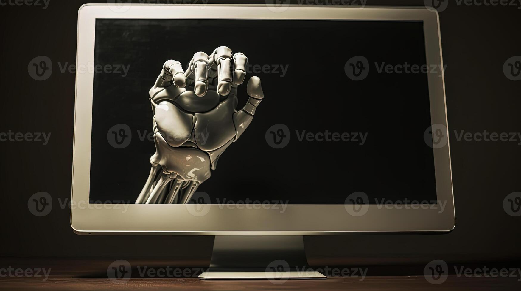 Hand of Robot or Human View In Monitor Screen Digital Science Technology. photo