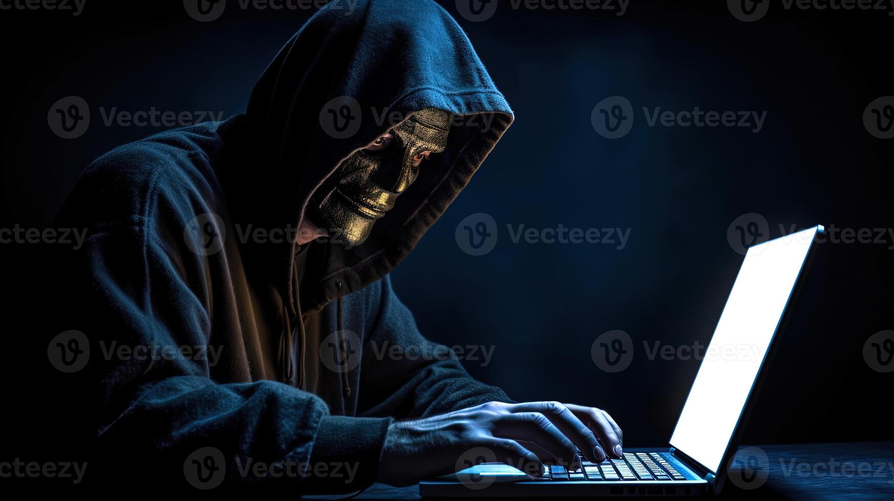Closeup Portrait of Man Wearing Golden Fawkes Mask with Blue Hoodie and Using Laptop In Dark Background. Concept of Hacker or Cyber Attack. . photo