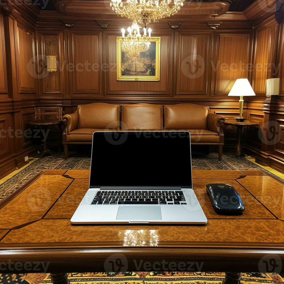 Blank Display Laptop with Digital Mouse Behind Sofa and Illuminate Table Lamps In Luxury Room. Generative AI Ethernet Technology Device. photo