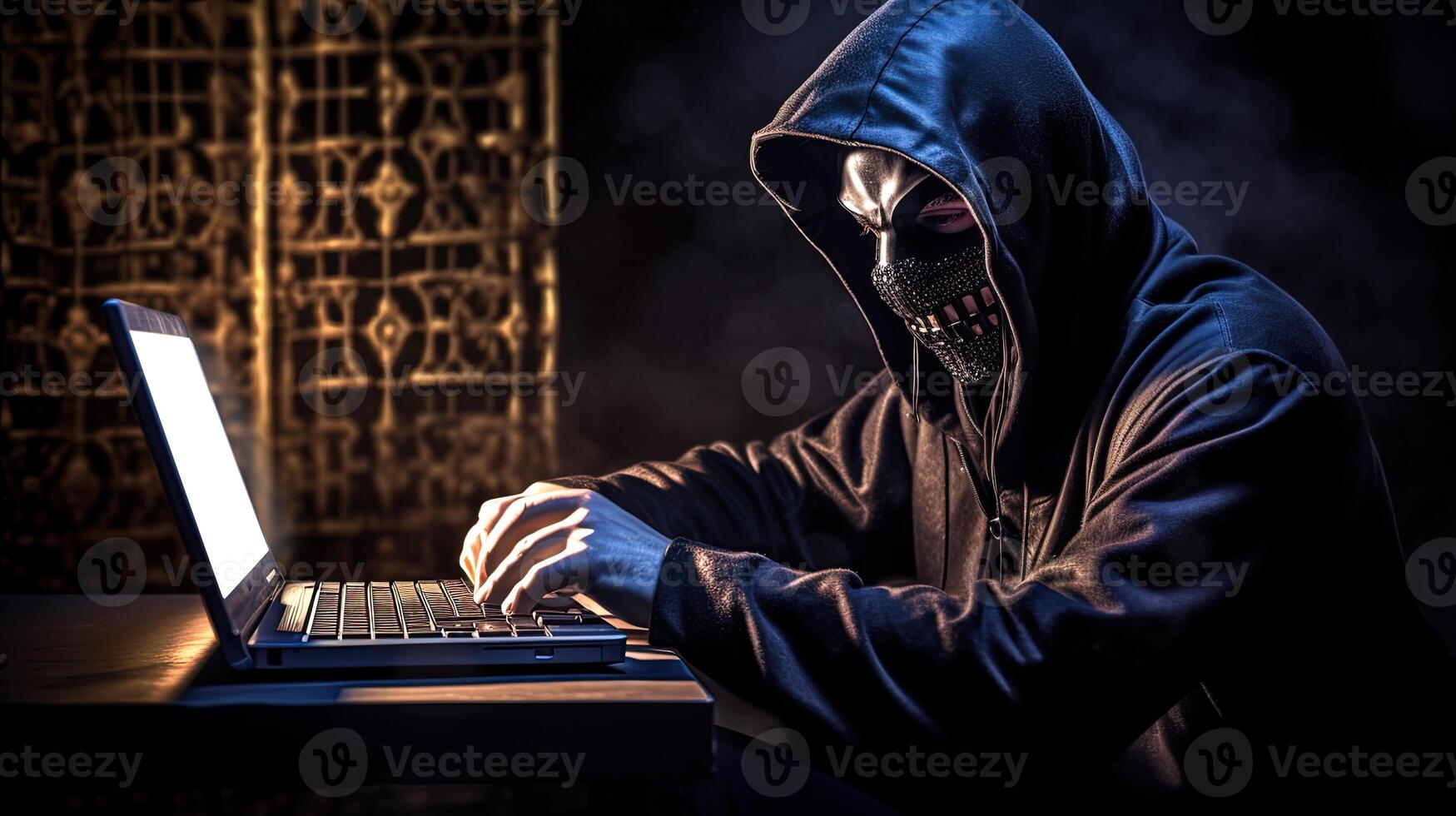 Closeup of Hacker Portrait Using Laptop at Dark Room. Concept of Cyber Security. . photo
