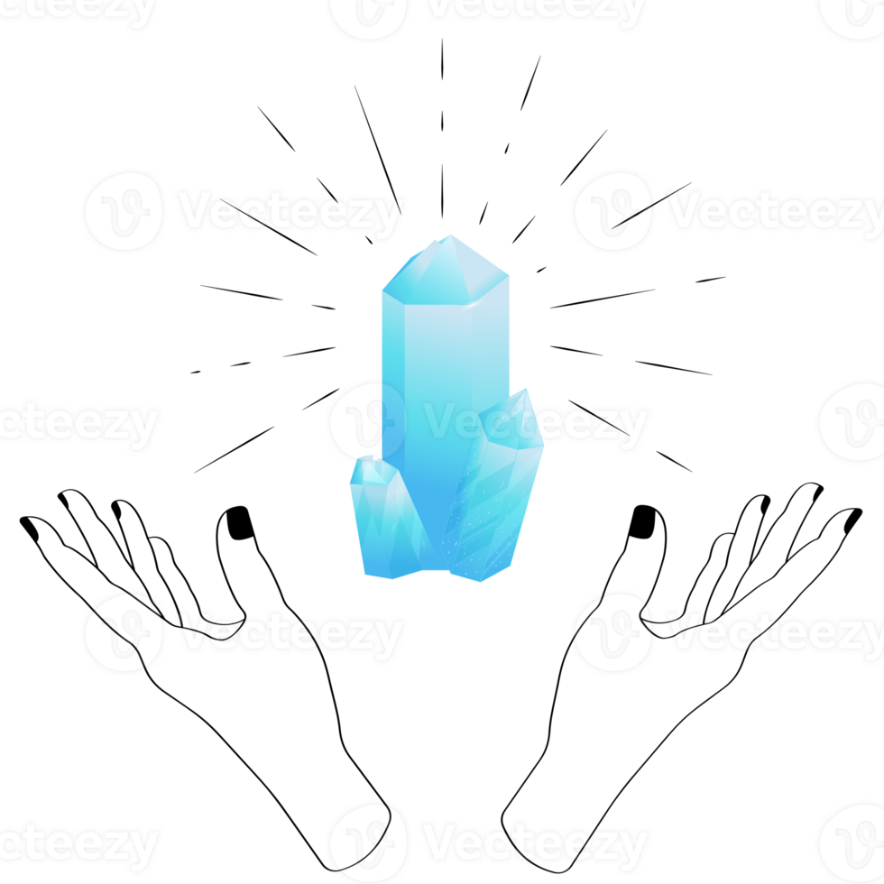 Celestial Mystical Line Hands with Blue Sparkly Gradient Quartz Crystal. Esoteric Symbols png