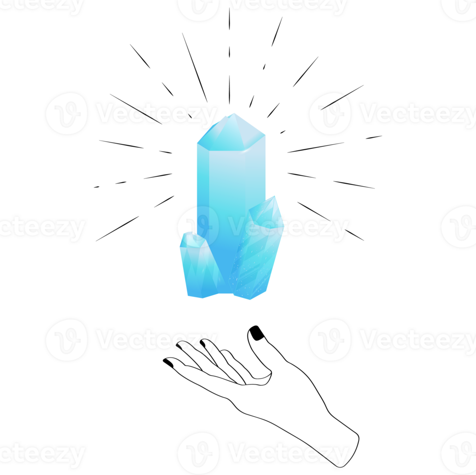 Celestial Mystical Line Hands with Blue Sparkly Gradient Quartz Crystal. Esoteric Symbols png