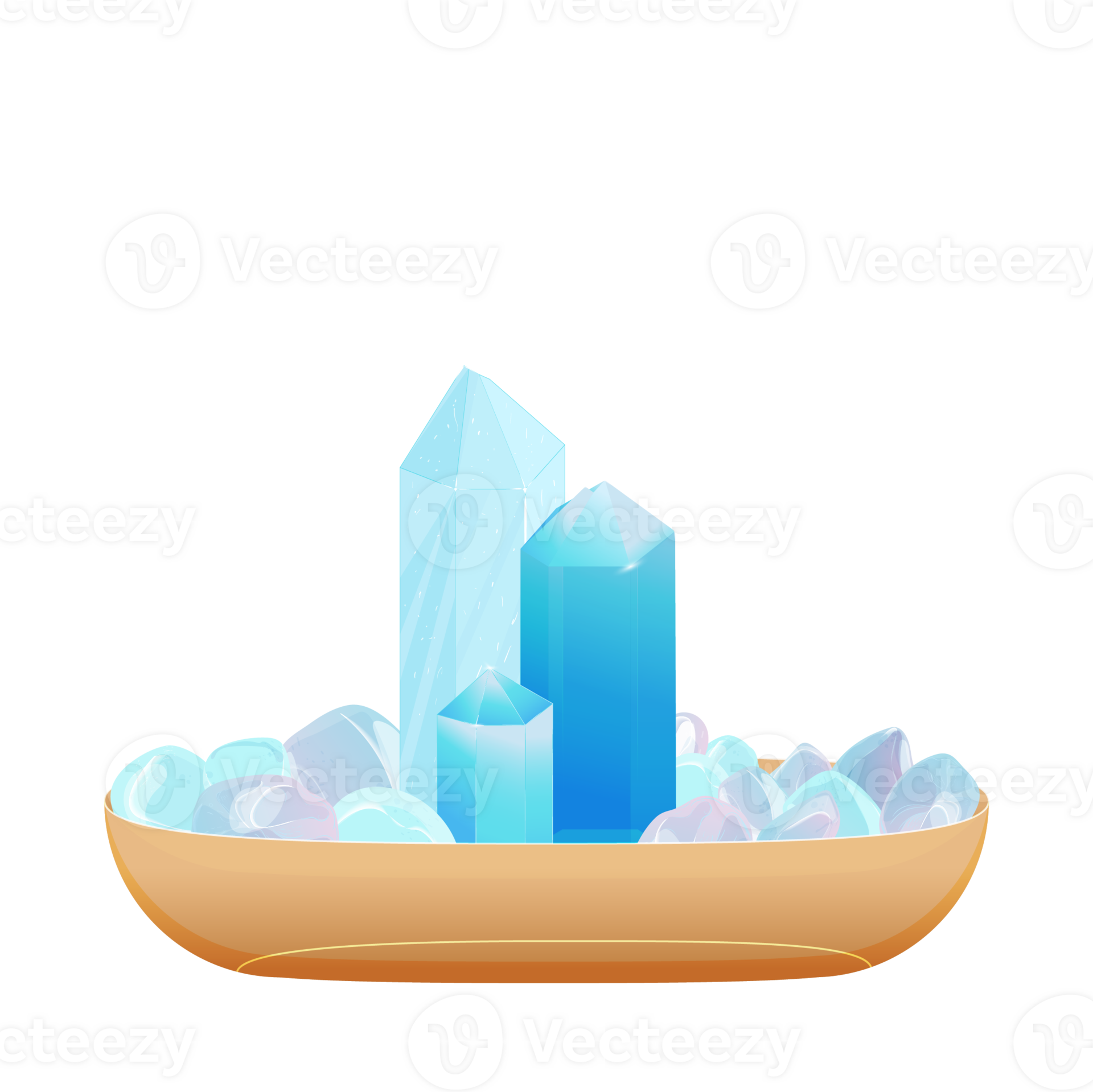 Minerals in a plate. Crystal Stone Set. Healing Transparent Healing Quartz. Blue Gradient