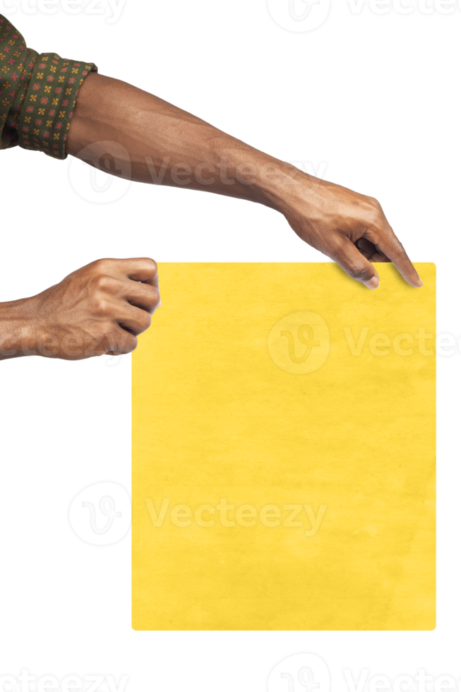 hand holding blank yellow paper card on transparent background. design mockup, front view, clipping path, Free copy space, mask png